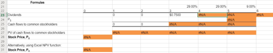 20 Formulas 21 29.00% 29.00% 9.00% 22 23 Dividends 24 P5 25 Cash flows to common stockholders 26. 0 1 2 4 5 6 #N/A #N/A 0 $0.