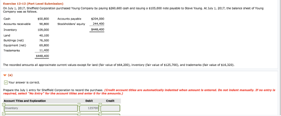 Exercise 12-12 (Part Level Submission) On July 1, 2017, Sheffield Corporation purchased Young Company by paying $260,600 cash