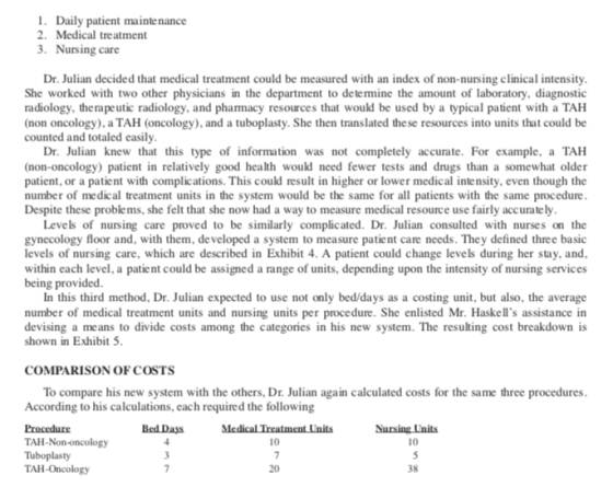 1. Daily patient maintenance 2. Medical treatment 3. Nursing care Dr. Julian decided that medical treatment could be measured
