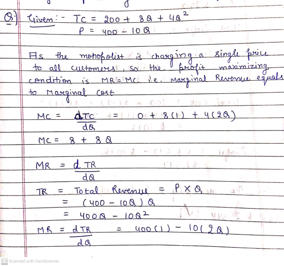 0 2 o Given Tc = 200+ 200+ 80 + 40 400 - 1000 의 As to all customers, soo the condition is MRE MC de. Ma cost the monopolist i