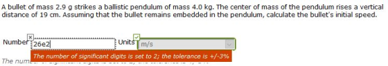 A bullet of mass 2.9 g strikes a ballistic pendulum of mass 4.0 kg. The center of mass of the pendulum rises a vertical dista