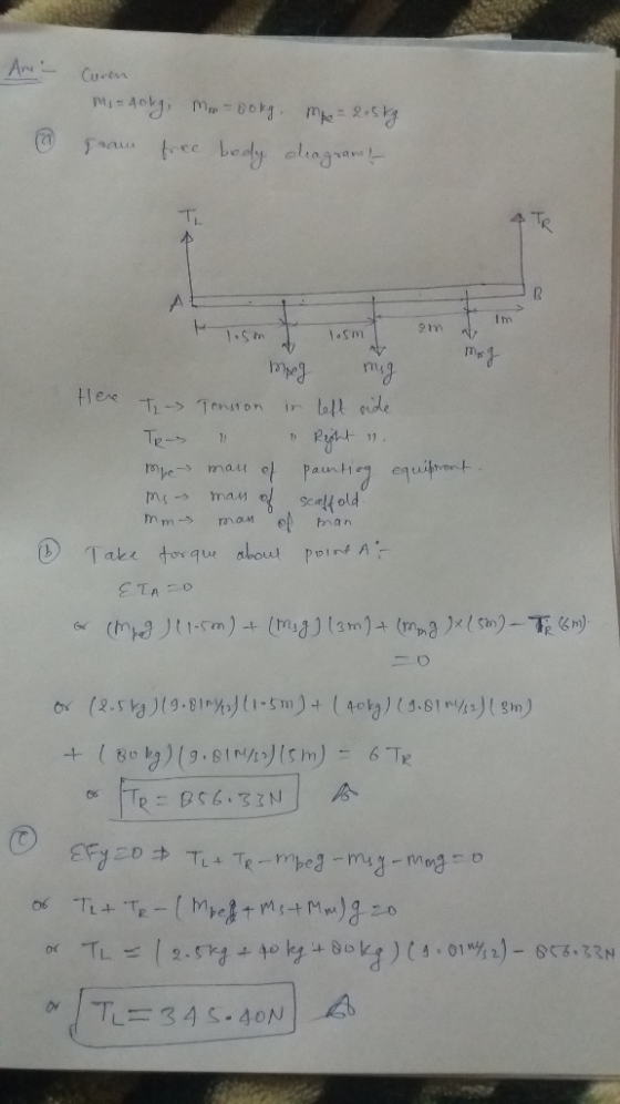An - Curen mi= 40kg, M ookg, mpe = 2.5kg gran free body eleagram - A losm I losmt om at may mg Here T. Tension in left side