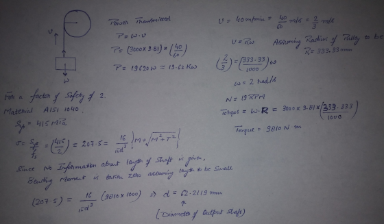 Power Transmittel (= 40m/min 40 60 m/s = 2 m/s 3 او در سر v=Rw Radius of Palley of Pulley to be P= (3000x 9+81) * Assuming 6)