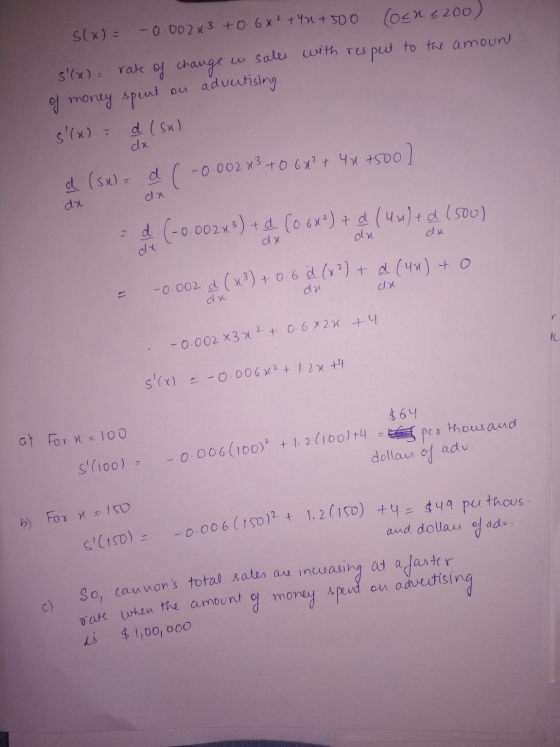 S(x) = -0.002 x3 +0.6x2 +42 +500 (Ocn 4200) s(x) = rate of change in sales with respect to the amoun of money spent ou adver