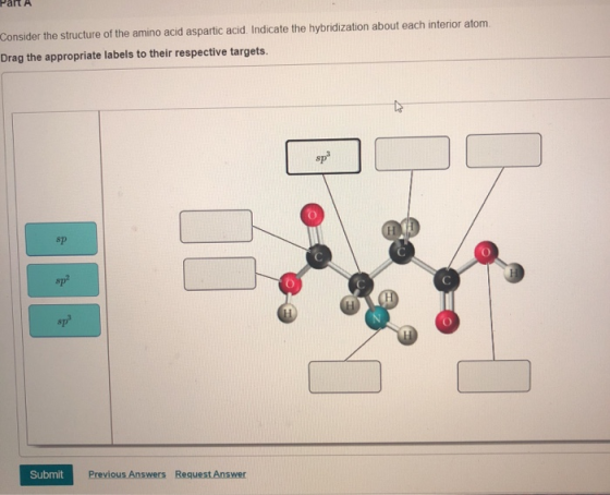 dll Consider the structure of the amino acid aspartic acid. Indicate the hybridization about each interior atom Drag the appr