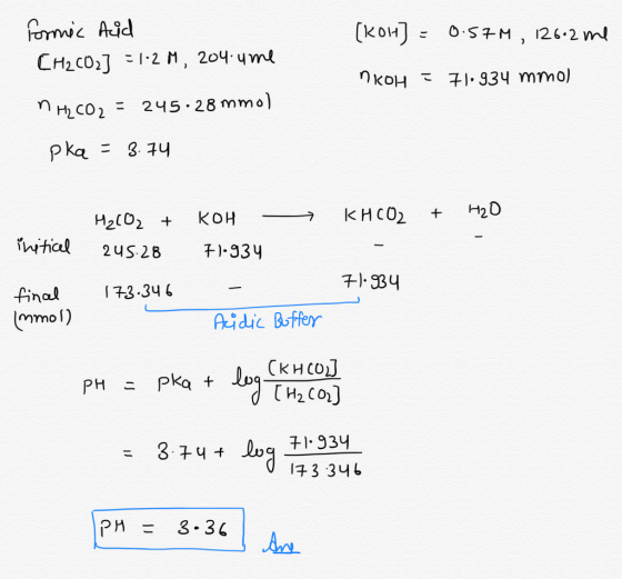 fommic Aid (KoH 0S7M, 126.2 m CH2CO2 1-2 M, 204 ym 934 m mol nkoH 245.28 mmo) H2CO2= pka =8.74 HаD КНСО2 кон H202 iwitial 1-3