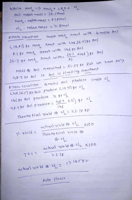 4 Helt mno - Minch + 2 tot el Hel: molar mass=36-59lmol Mng molar mass=8791mol cl, Molar mass - 71 glmol From equation mole m