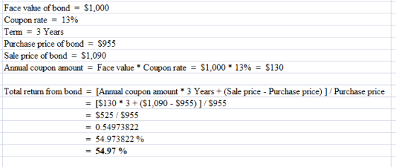 Face value of bond = $1,000 Coupon rate = 13% Term = 3 Years Purchase price of bond = $955 Sale price of bond = $1,090 Annual