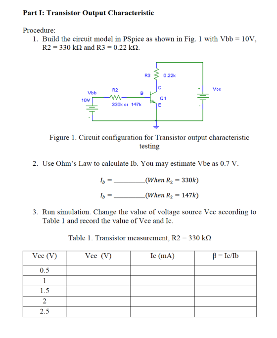 Part I: Transistor Output Characteristic Procedure: 1. Build the circuit model in PSpice as shown in Fig. 1 with Vbb = 10V, R