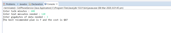 A Problems @ Javadoc Declaration Console X <terminated > Cell Phone Service [Java Application) C:\Program Files\ava\jdk-13.0.