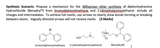 Synthesis Scenario: Propose a mechanism for the Williamson ether synthesis of diphenhydramine hydrochloride (Benadryl) from b