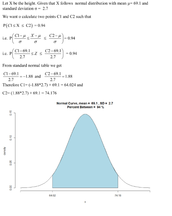 Let X be the height. Given that X follows normal distribution with mean u= 69.1 and standard deviation = 2.7 We want o calcul