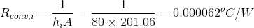 R_{conv,i}=\frac{1}{h_{i}A}=\frac{1}{80\times 201.06}=0.000062^{o}C/W