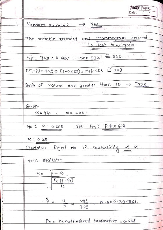 Jucky Page No Date Random sample DecUred The voriable gecorded. mammogram two ears. fast in £ 500 500. 332 £ 2.49 DC1-P) 749