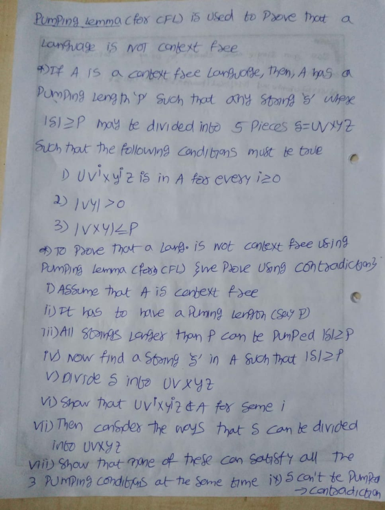 PumPing lemma cfox CFL) iS Used to Pove thot a Langage is NOT Context fee Tf A IS a context fsee Language, Then, A has a PumP