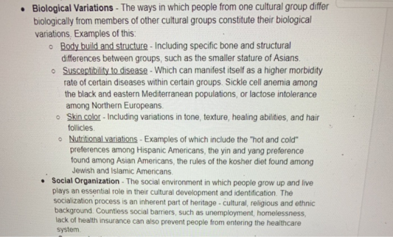 Biological Variations - The ways in which people from one cultural group differ biologically from members of other cultural g