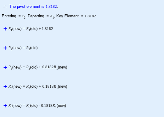 : The pivot element is 1.8182. Entering = x2, Departing = A, Key Element = 1.8182 + R, (new) = R(old) = 1.8182 + R (new) = R