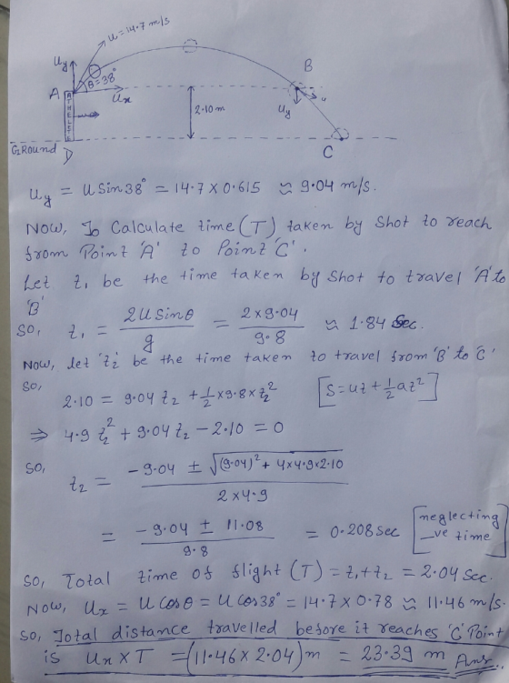 u=14•7 mle 12.10m mm Uy - - - - - - - - --- - - - --- Ground D SOI y = USin 38° = 14.7 X 0.615 x 9.04 m/s. Now, To Calculate