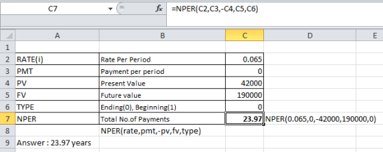 for =NPER(C2,C3,-C4,C5, C6) 1 0.065 2 RATE(0) 3 PMT 4 PV 5 FV 6 TYPE 7 NPER Rate Per Period Payment per period Present Value