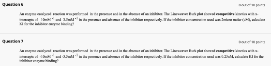 Question 6 O out of 10 points An enzyme catalyzed reaction was performed in the presence and in the absence of an inhibitor.