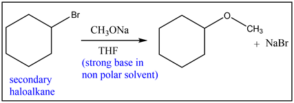 CHON
+ NaBr|
THF
(strong base in
non polar solvent)
secondary
haloalkane