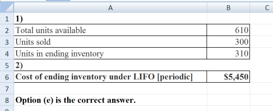 В С A 1 1) 2 Total units available 3 Units sold | 4 Units in ending inventory 5 2) 6 Cost of ending inventory under LIFO [per