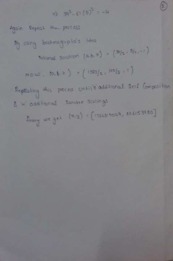 >> 32-51(5). Again Repeat the process By using brahmaguptas ides Tational Sorution (8.b, K) - (31/2:54,-1) Now, to, bik) = (