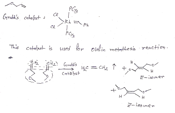Ply3 Grubbs catalyst i Rh = -Ph ce Ply3 Pey This catalyst is used for Olefin metathesis reaction. CH₂ + CH2 Grubles H = CH2