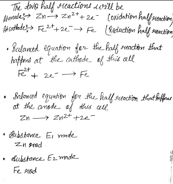 The two half reactions will be Afanocle> zn = Zn2++2€ Coxidation halforeaction At cathode > Fe2t+2€ → Fe (Reduction half eva