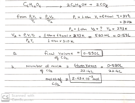 CH2 20₂H5OH + 200g T2 from Pivi : P= I am y = 67ami T, = 37°C = 310K -P2 = 1 ahm V2 = ? T2 = 273k V2 = P, Y, Tz - Palm x 670m