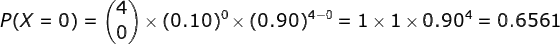 P(X 0) 4 ( ) × (0.10)% (0.90)4-0-1 × 1 × 0.9012 0.6561