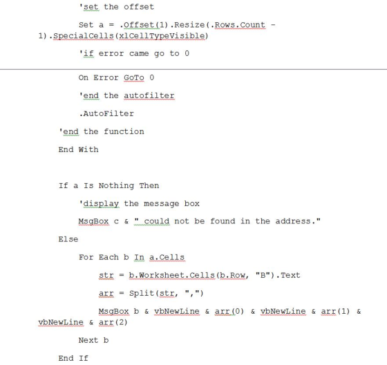 set the offset Set a .Offset (1) .Resize (.Rows.Count 1) .SpecialCells (xlCel1TypeVisible) if error came go to 0 On Error Go