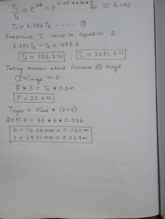0.45 230 K T = e no se 180 = 6.086 T2 Ti = 6.086 Te Substitute Ti Volue in equation 2 6.086 T2 - T2 = 1697.6 Tz = 33.7N TI -