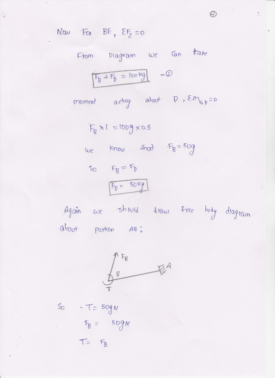 Erom Diagram ae an take. momentachn about DE lue know Hot Fs= 509 Again eve .sh buld draw Free body dMy aout Porton AB dlagy