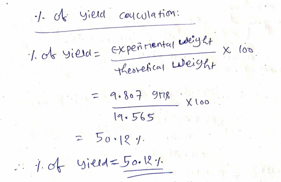 t. of yield . calculation: . % of yield expentiental weight theoretical weight . 9.807. gme xico 196565 500124 yield=50012% i