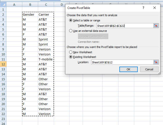A B С D Create Pivot Table ? x 1 2 3 4 5 6 7 00 Choose the data that you want to analyze Select a table or range Table/Range: