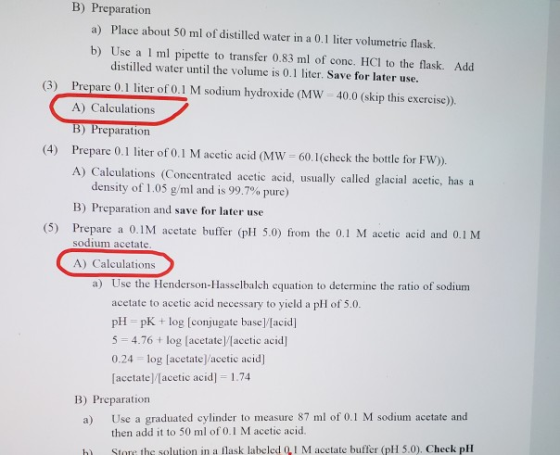 (3) (4) B) Preparation a) Place about 50 ml of distilled water in a 0.1 liter volumetric flask. b) Use a 1 ml pipette to tran