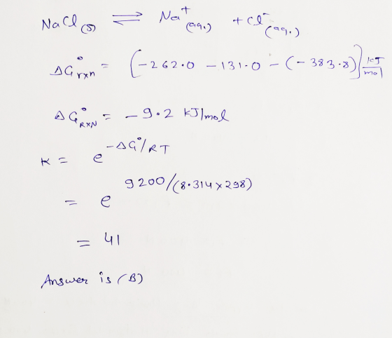 Na Cl (33 3.3 JT 2 .O - 131-O AG YXN 1 -9.2 KJmo AG RXN a/RT o8.314 x298) 9 200 e 41 Answer is )