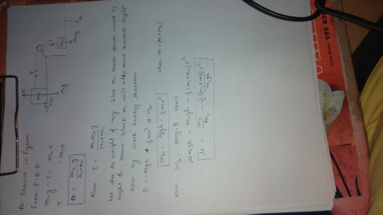As Shown in figure ごma m13 Now τ.m, mag Let due to weight my blocK me hight Hence moves clown word y block miwm also move to
