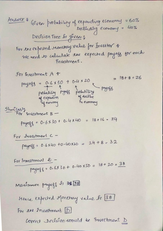 Answer: Given probability of expanding economy = 60% Declinding economy = 40% For the expected monebery value for Investor We