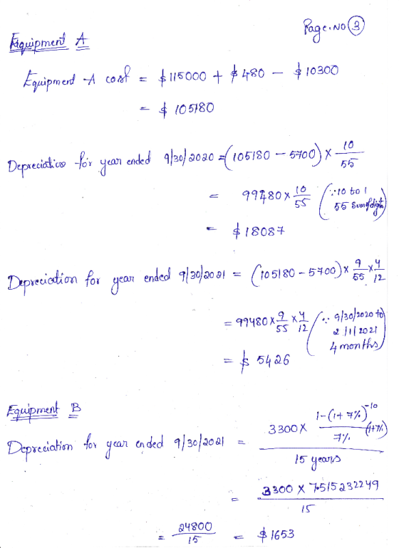 Kiquipment A Page No Equipment A cost = $115000 + $ 480 – $10300 = $105580 Depreciatice for year ended 12o) 2020 (105180 - 67