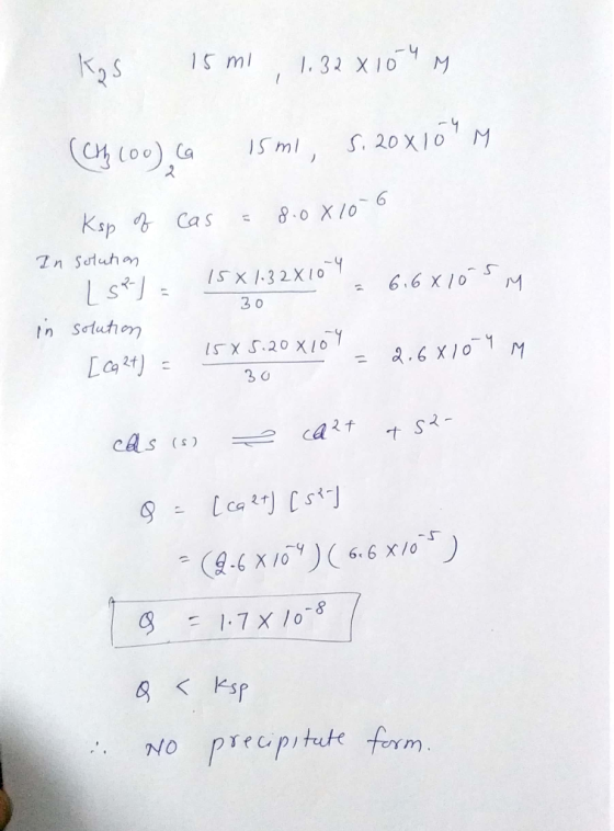 1S ml 4 1.32 XIO M IS ml s. 20X10 M Ksp Cas 8-0X106 In Setuhan IS X1.32X10 Ls 6.6 x105 M 3 0 th Setution ISXS.20X10 La) 2.6 X