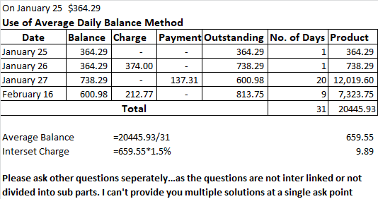 On January 25 $364.29 Use of Average Daily Balance Method Balance Charge Payment Outstanding No. of Days Product Date January