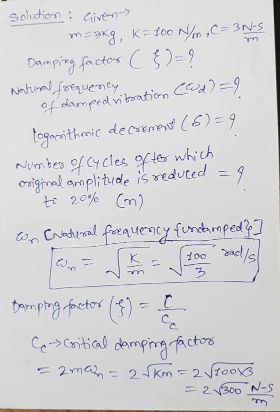 solution Give mkg, Kto0 N,C 3N-S Damping fa ctors )= 2 Natural foequeney of damped vitoation C) ogathmic decrerent () 9 Nmbes