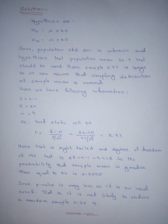 Solution HHpotesis be Ho Ha: Sinee, popula kon sAd unknown aud dev test populaton used. Here saple si e So t teat meau should