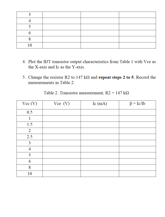 3 4 10 4. Plot the BJT transistor output characteristics from Table 1 with Vce as the X-axis and Ic as the Y-axis. 5. Change
