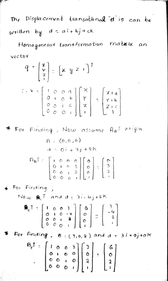 The Displa cemen t lransatio nal d is con be written by d-ai+bj-+ clk Homo eneous trane fosmation rnatsix an İta Fo Finding Now assume A ° 9h Fo Findiną Now AT and d 3i- ujak 0 o o Finding. 6: (3,o, 2) and d - 3 i +oj+o 6 033
