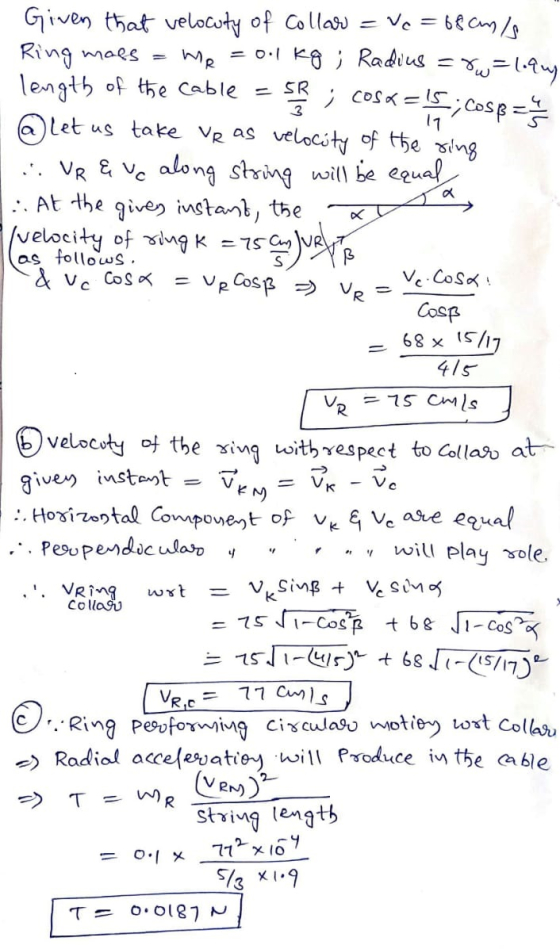 Given that velocuty of Collar =Vc = 68cm/s Ring maes - Me = 0.1 kg ; Radius = Yw=loquy length of the cable = 5 ; cosa=15; Cos
