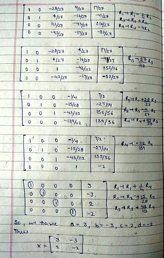 41/27 L TR17 R, R Ti O To o o Too -28/27 4/27 112/27 -43/27 t R3 + R2 oloo 427 17/27 -16/27 -4/27 | 310/27 | Rytru- -17/27 -5