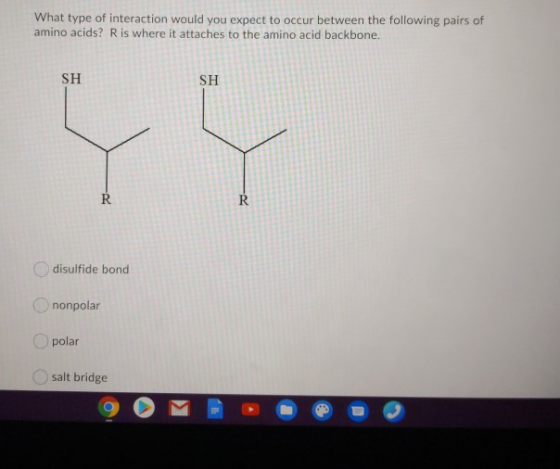 What type of interaction would you expect to occur between the following pairs of amino acids? R is where it attaches to the
